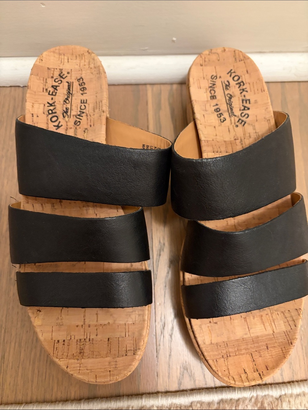 Kork-Ease Black Triple-Strap Cork Slide Mules